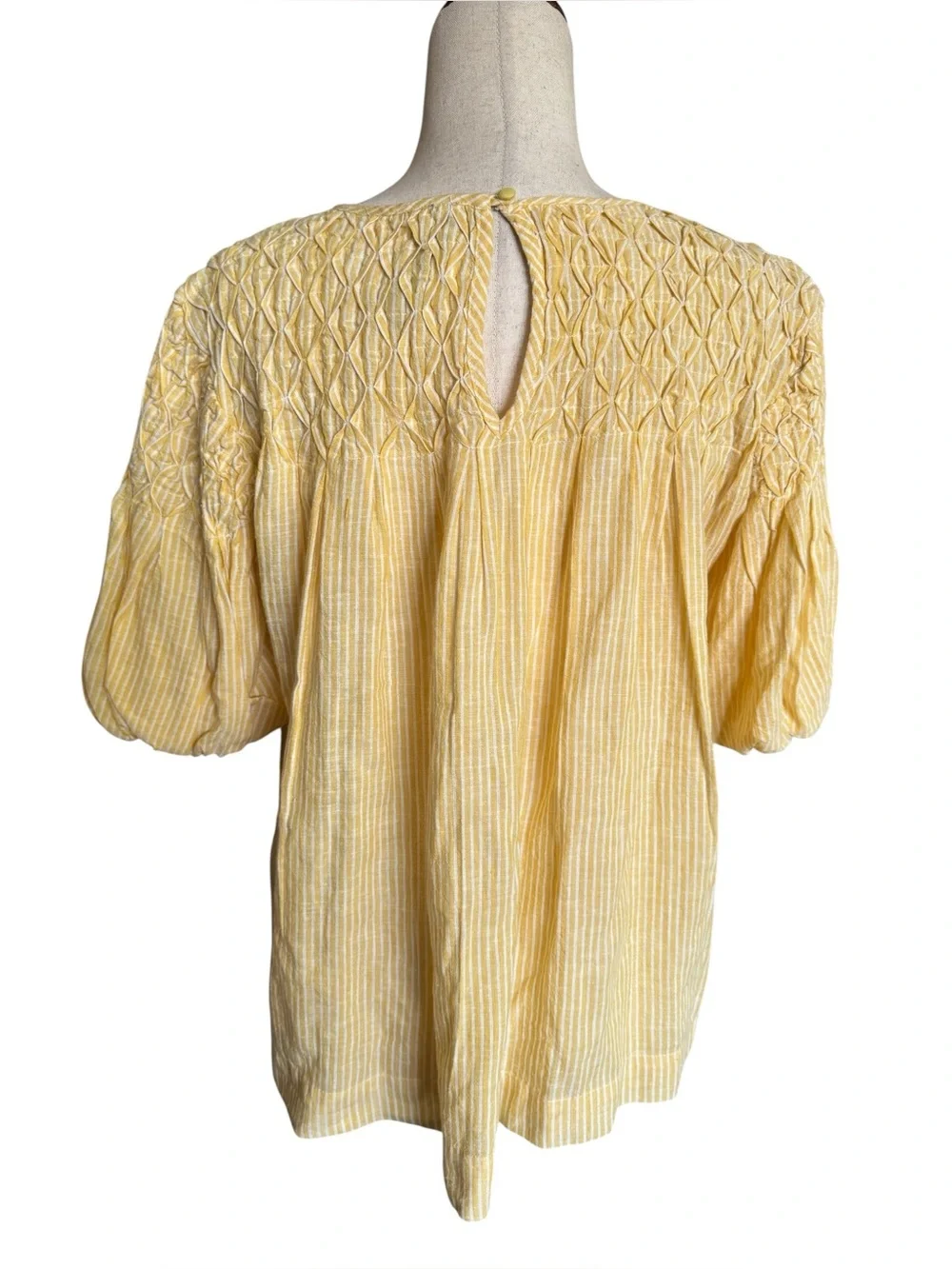 Anthropologie Butter Yellow & White Striped Smocked Puff Sleeve Blouse
